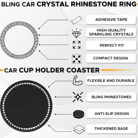 3pcs Reinstone Bling Universal Car lnteriorAccessories Set ~Black - Picture 2 of 4